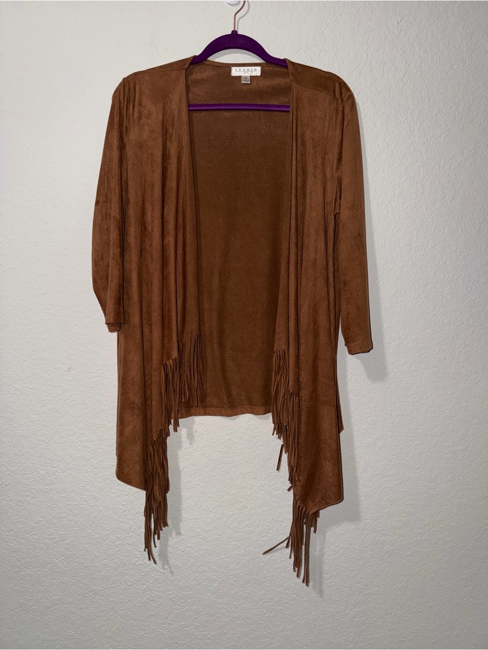 Studio JPR Brown Faux-Suede Western Coastal Open Fringe Cardigan